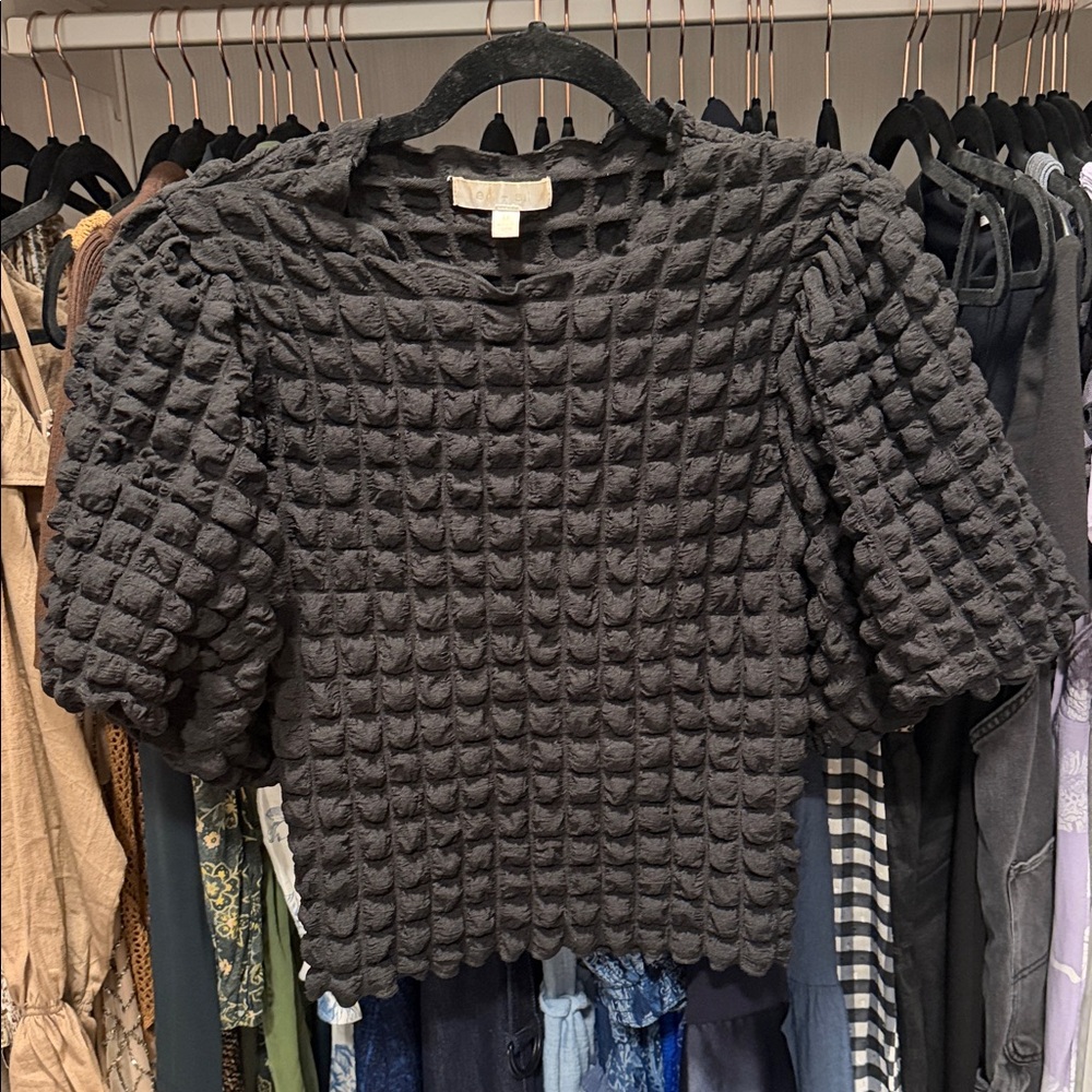 Women's Black Textured Puff-Sleeve Blouse by Eri & Ali (Anthropologie)
